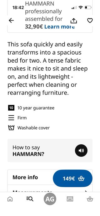 Sofá Cama Ikea Hammarn Negro/Gris