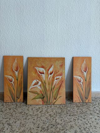 Set 3 Cuadros Flores Naranja y Blanco