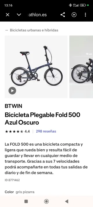 Bicicleta Plegable BTWIN Azul