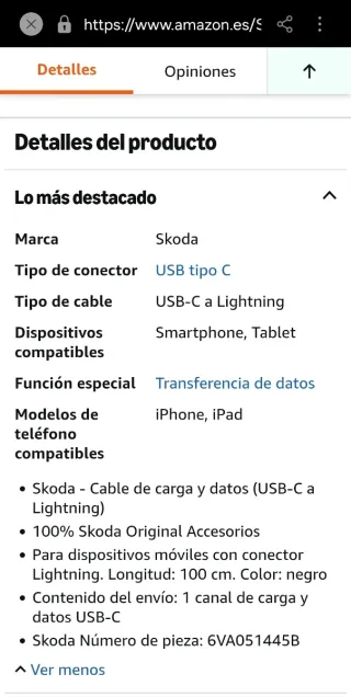 Cable de carga y datos USB-C Skoda 6VA051445B