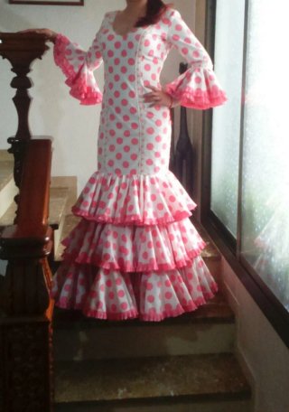 Vestido Flamenca Lunares Rosa y Blanco