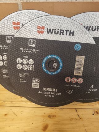 3 Discos Corte WURTH 230x2,5mm radial amoladora