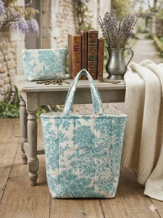 Bolso Tote Acolchado Toile de Jouy Turquesa