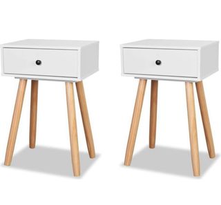 Coppia di Comodini Bianchi con Gambe in Legno