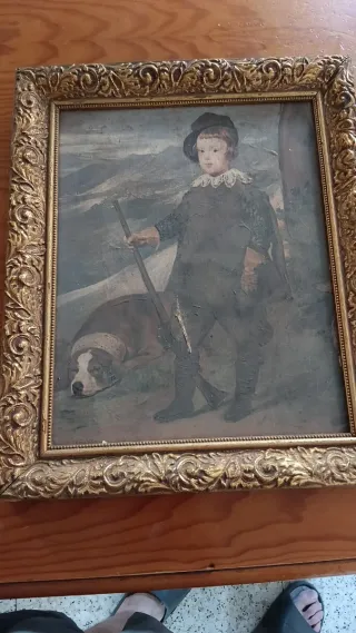 Cuadro lienzo antiguo niño y perro
