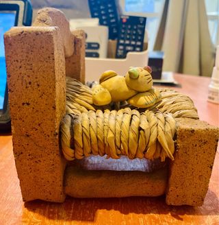 Silla decorativa terracota y mimbre con gato