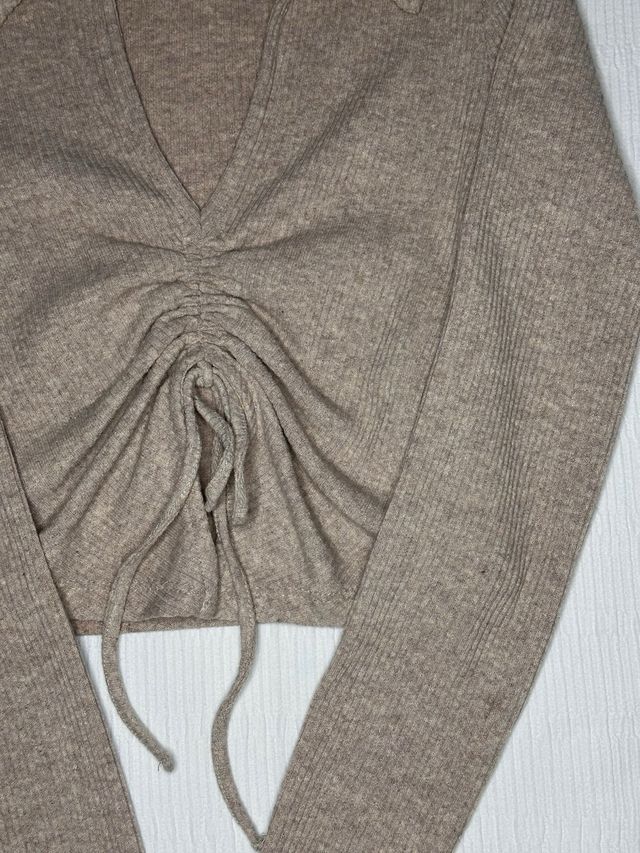 Bershka Camiseta Manga Larga Ruched Beige S
