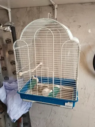 Jaula para pájaros blanca y azul