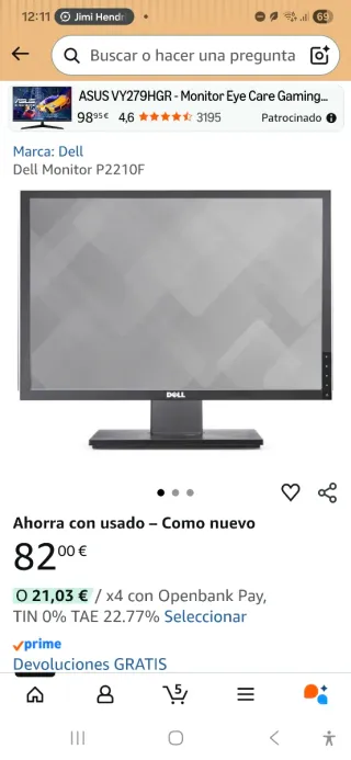 Monitor Dell P2210f Se vende por cambio a portátil