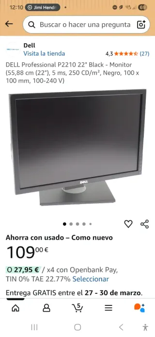 Monitor Dell P2210f Se vende por cambio a portátil