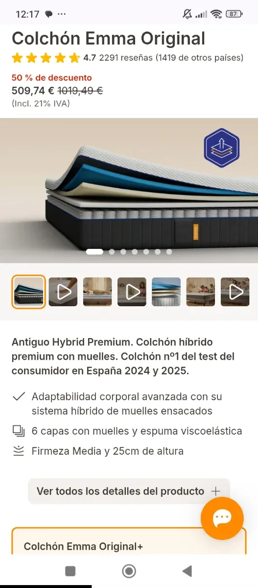 135x190 NUEVO EMMA HYBRID PREMIUM COLCHON MUELLES
