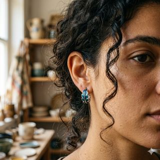 Orecchini Argento 925 Smalto Blu Foglia