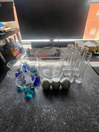 Juego Licorera Vidrio Azul y Transparente