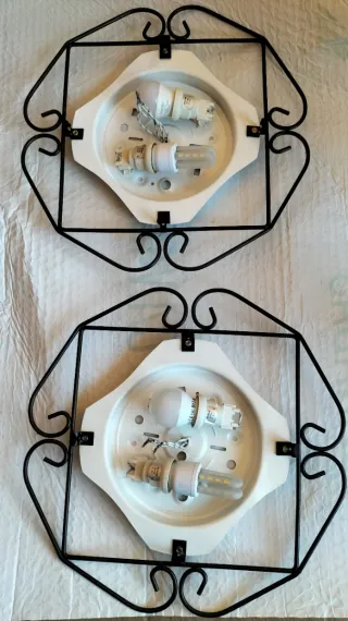3 Plafones forja hierro, cristal translúcido beige