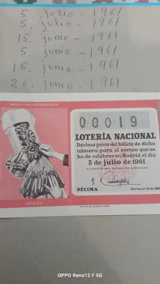 Lotería Nacional Décimos Antiguos 1961