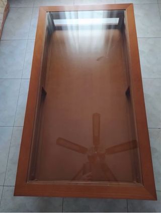 Mesa de centro de madera y cristal con puertas.