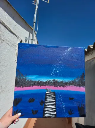 Cuadro artesanal azul y rosa