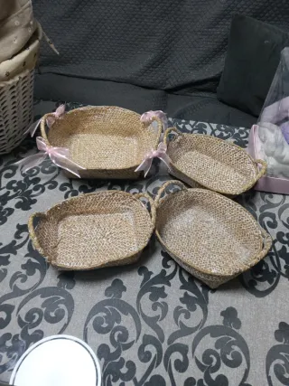 Gran lote de cestas tela y mimbre beige/gris