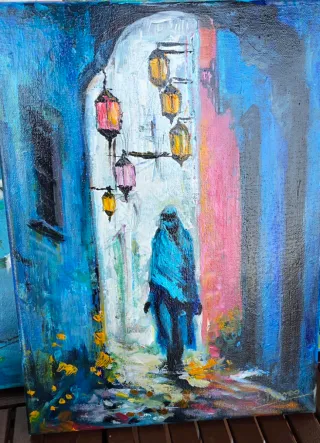 Cuadro acrílico callejón con faroles