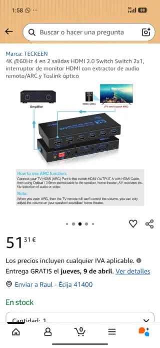 Switch HDMI 2.0 4K@60Hz 2x1 TECKEEN