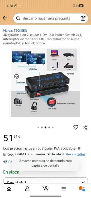 Switch HDMI 2.0 4K@60Hz 2x1 TECKEEN