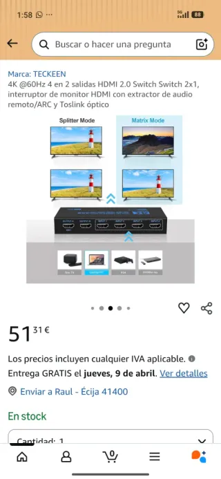 Switch HDMI 2.0 4K@60Hz 2x1 TECKEEN