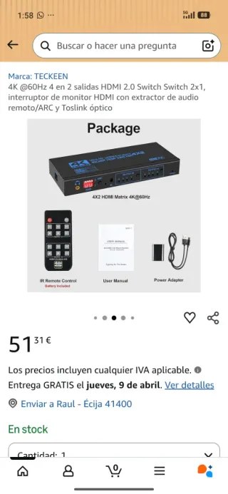 Switch HDMI 2.0 4K@60Hz 2x1 TECKEEN