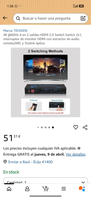 Switch HDMI 2.0 4K@60Hz 2x1 TECKEEN