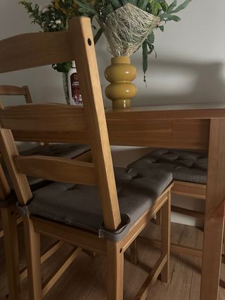 Mesa IKEA madera + 4 sillas y cojines