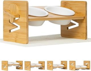 Comedero Gato - Comedero Elevado Perro - Cuencos con una inclinación de 15 º para Agua y Comida en Soporte de bambú, Juego para