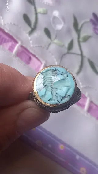 Anello sigillo afghano turchese oro 18.5 mm