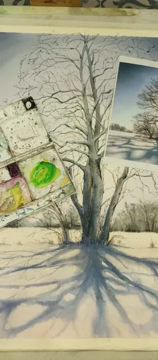 Lámina acuarela paisaje invierno