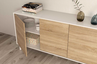 Aparador Nórdico 3 Puertas, Blanco Brillo y Roble