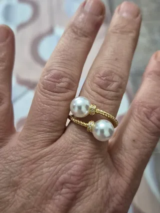 Anillo Doble Perla Chapado Oro Ajustable
