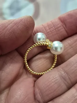 Anillo Doble Perla Chapado Oro Ajustable
