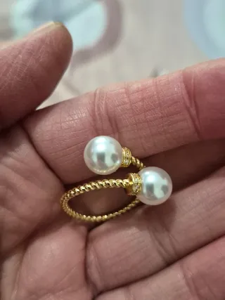 Anillo Doble Perla Chapado Oro Ajustable