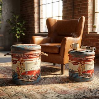 Set 2 Pouf Contenitore Poggiapiedi Azzurro Anni 60