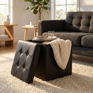 Pouf Quadrato Contenitore in Ecopelle Nero 38cm