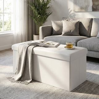Pouf Contenitore Rettangolare Ecopelle 76cm Bianco