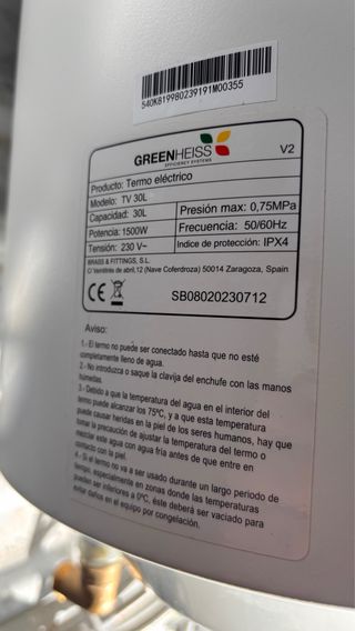 Termo Eléctrico Greenheiss 30L