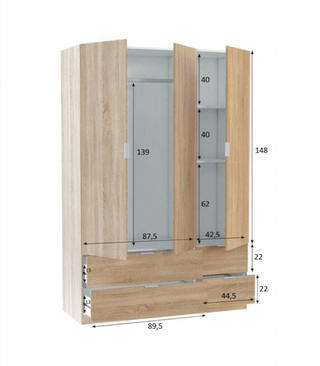 Armario 135x200x52cm 3 Puertas 4 Cajones. Roble C