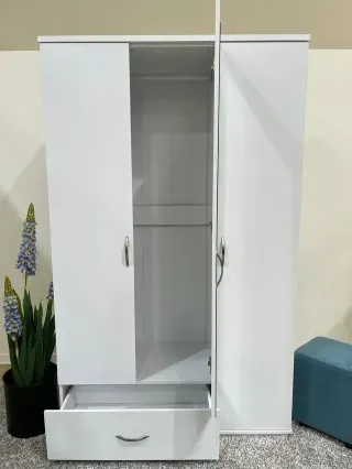 Armario 3 puertas espejo y cajones blanco