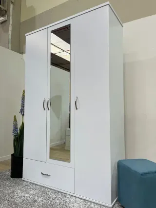 Armario 3 puertas espejo y cajones blanco