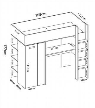 Cama Alta Con Escritorio Y Armario. Natural/Blanc