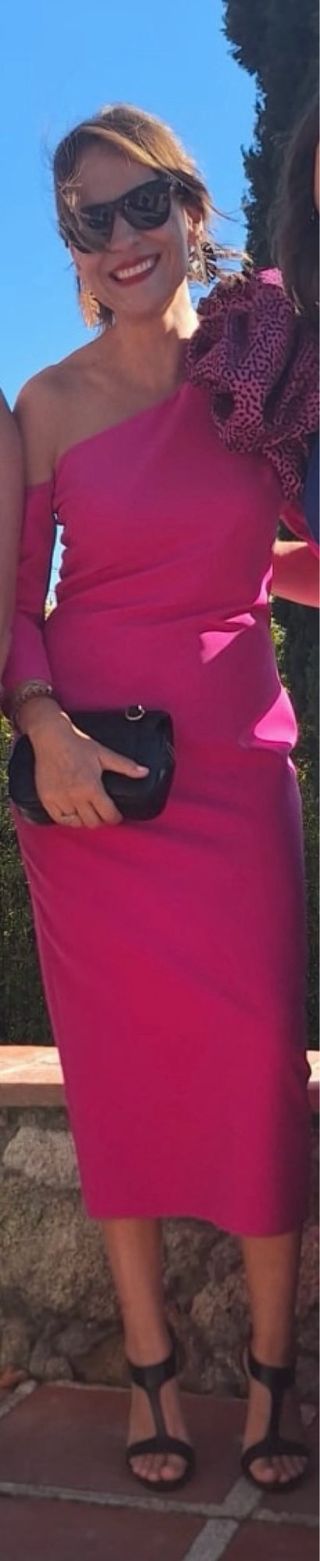 Vestido fiesta midi fucsia con flor