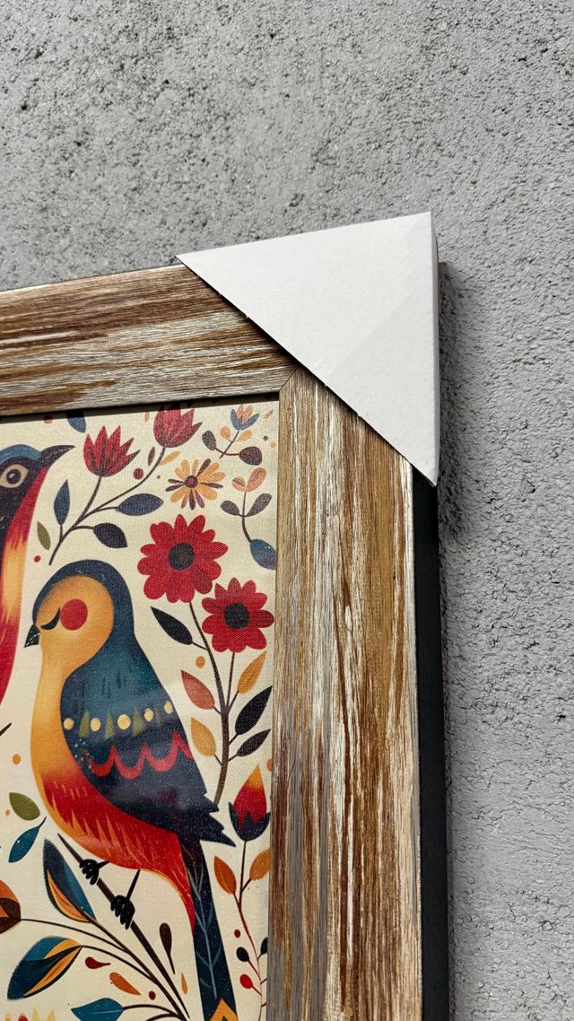 Cuadro decoración pájaros flores folk marco madera