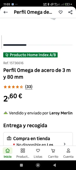 Perfil Omega Pladur Acero 3m x 8mm
