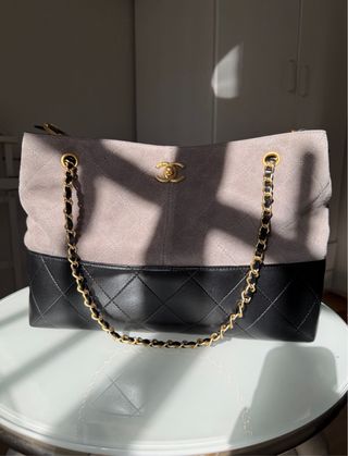 Bolso Tote Ante Piel Negro Gris Nuevo