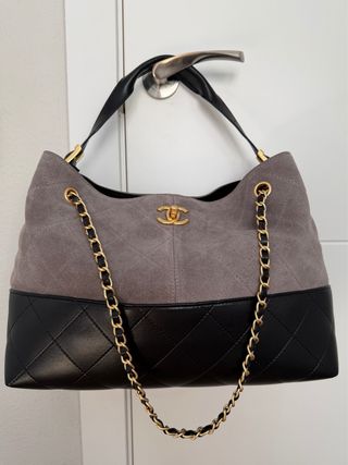 Bolso Tote Ante Piel Negro Gris Nuevo