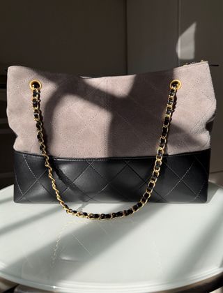 Bolso Tote Ante Piel Negro Gris Nuevo